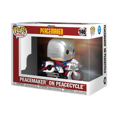 Caixa Funko Pop! Peacemaker on Peacecycle com figura de vinil na mota
