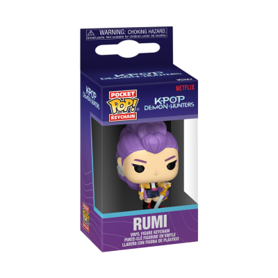Figura chaveiro de vinil Rumi K-POP Demon Hunters em caixa azul e roxa