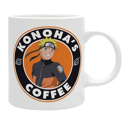 Caneca branca com personagem de anime e texto KONOHA'S COFFEE
