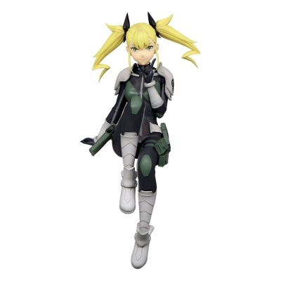 Boneca colecionável feminina com roupa tática preta e cinza, cabelo loiro em rabo de cavalo duplo