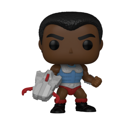 Boneco Funko Pop com roupa azul e vermelha segurando acessório branco e vermelho