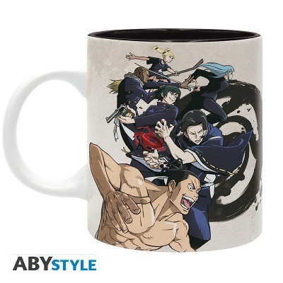 Caneca de cerâmica com ilustração de personagens de anime em poses dinâmicas e fundo branco