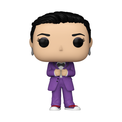 Figura Funko Pop com terno roxo e gravata borboleta num fundo branco