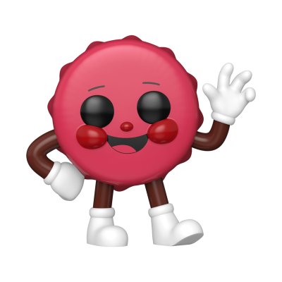 Personagem animado biscoito rosado com face feliz e membros humanos brancos e castanhos