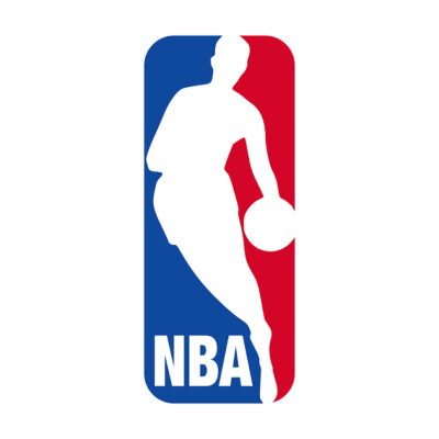 Logótipo da NBA com silhueta branca sobre fundo azul e vermelho.