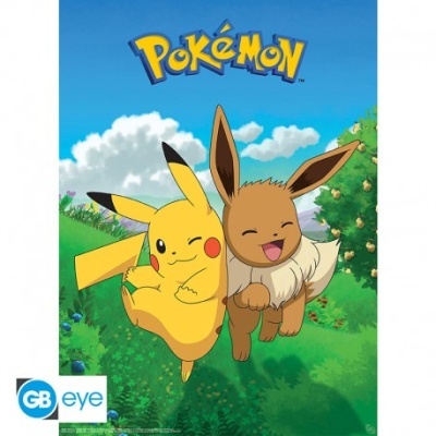 Poster colorido Pokémon com Pikachu e Eevee num cenário natural