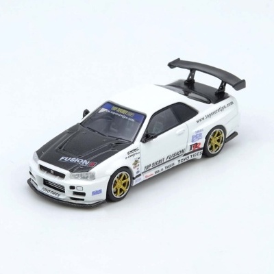 Miniatura de carro desportivo branco com detalhes em preto e dourado