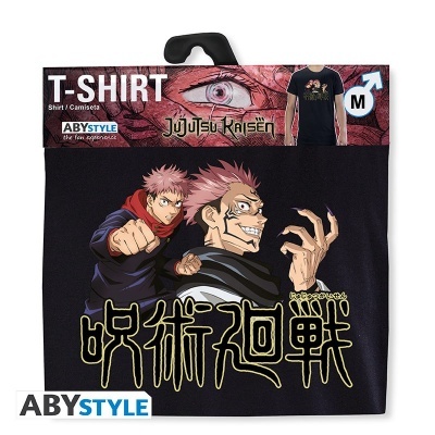 T-shirt preta Jujutsu Kaisen com personagens e texto em japonês, embalagem ABYSTYLE