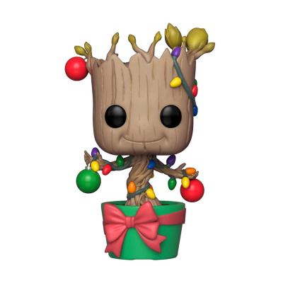 Funko Pop Baby Groot com decorações de Natal num vaso verde com laço vermelho