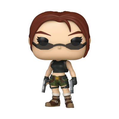 Figura Funko Pop feminina com cabelo castanho, óculos escuros, top preto e calções camuflados verdes
