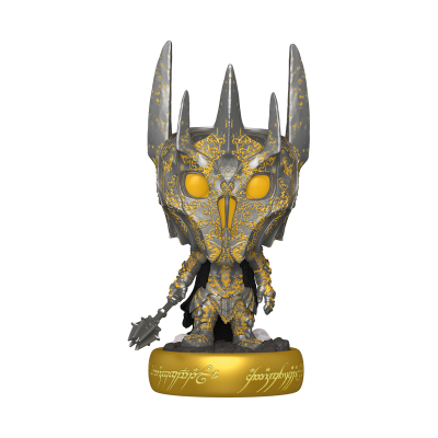 Figura colecionável estilo Funko Pop com armadura cinza e dourada e base amarela com escrita