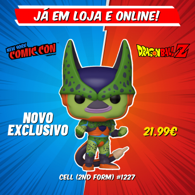 Figura Funko Pop Cell (2nd Form) de Dragon Ball Z com texto promocional em português e preço 21,99€