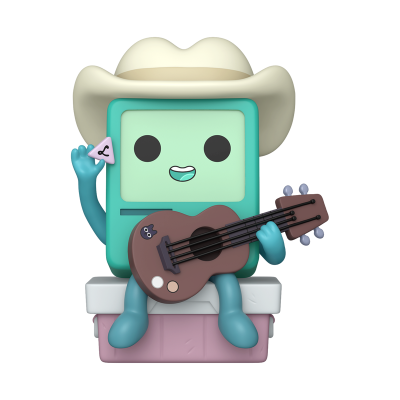 Brinquedo com formato de ecrã verde e corpo azul, chapéu de cowboy, guitarra castanha e caixa rosa e branca.