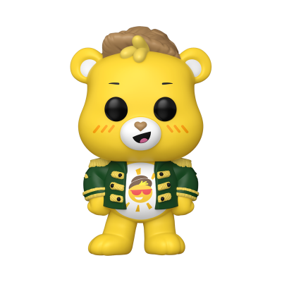 Figurino de urso amarelo com casaco verde e camisola branca com emoji