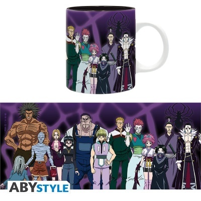 Caneca de cerâmica com ilustração colorida de personagens de anime em fundo roxo