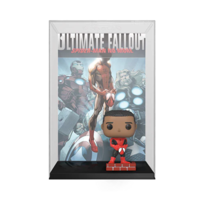 Funko Pop Spider-Man em caixa transparente com cartaz Ultimate Fallout