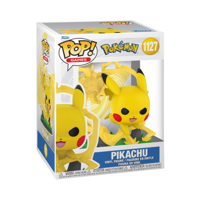 Figura Funko Pop! em caixa de Pikachu amarelo com caixa branca e texto Pokémon e número 1127.