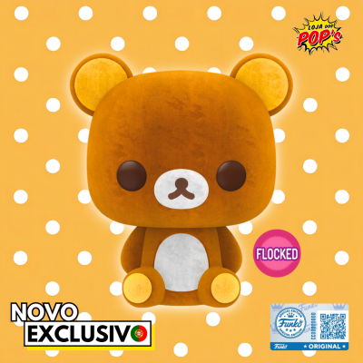 Funko Pop urso castanho flocked com brancos sentado sobre fundo laranja polka dots.