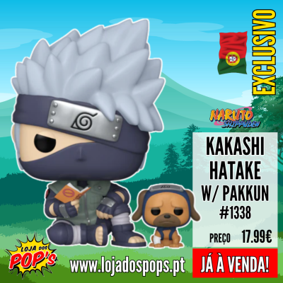 Figura Pop! de Kakashi Hatake com cão Pakku e texto promocional