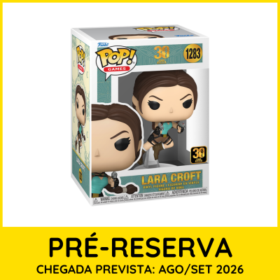 Figura de vinil Funko Pop Games Lara Croft na embalagem com texto de pré-reserva.