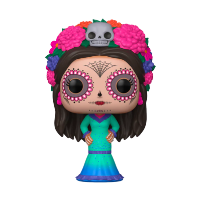 Boneca Funko Pop Catrina com flores e caveira no cabelo em fundo branco