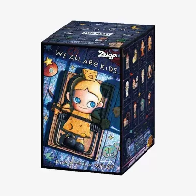 Caixa azul com ilustração de figura com vestido amarelo e texto WE ALL ARE KIDS
