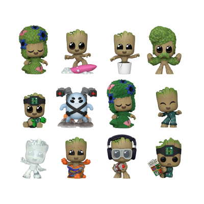 Doze figuras colecionáveis da personagem Groot em várias poses e trajes