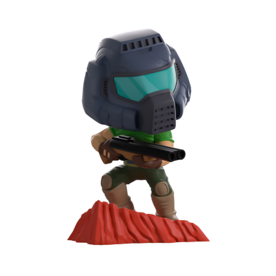 Figura colecionável com capacete e espingarda sobre base vermelha