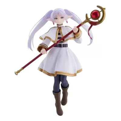 Figura colecionável de personagem feminina com cabelo lilás e vestido branco segurando cajado