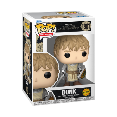 Figura Funko Pop da série TV com personagem Dunk em armadura e espada na caixa.