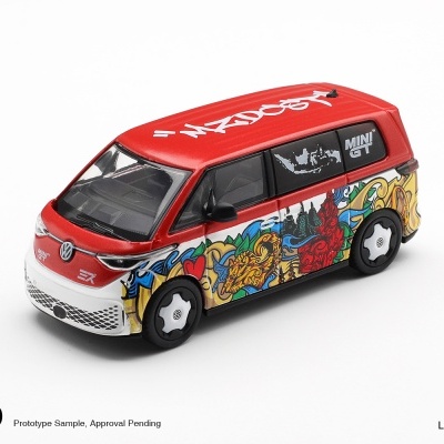 Miniatura de carrinha Volkswagen vermelha e branca com detalhes gráficos coloridos e texto MINI GT