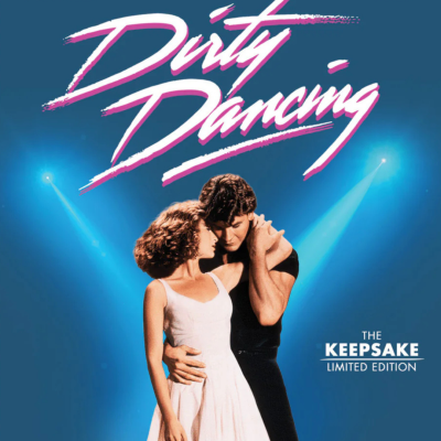 Capa de disco Dirty Dancing com casal a dançar em fundo azul