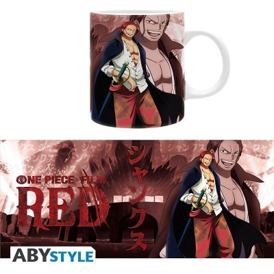 Caneca branca com imagem do personagem Shanks de One Piece e texto promocional