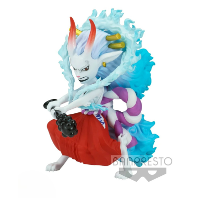 Figura colecionável de personagem com pele branca, chifres vermelhos e laranja, cabelo azul translúcido em forma de chamas