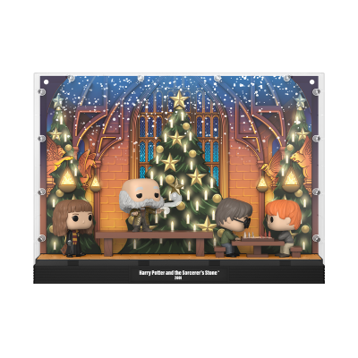 Figura decorativa Harry Potter com personagens Funko Pop e árvore de Natal em caixa acrílica