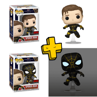 Figuras Funko Pop Spider-Man em caixa branca com máscara preta e padrão amarelo