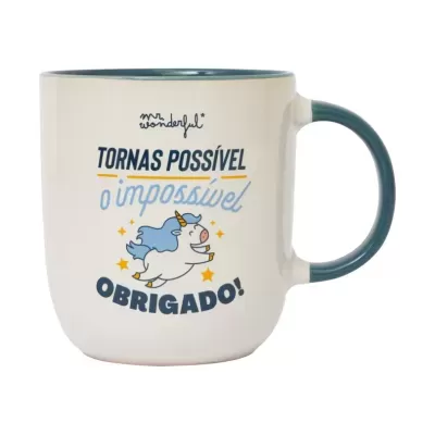 Caneca cerâmica branca com interior e pega verde escuro e texto com unicórnio