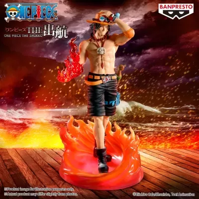 Figura colecionável de personagem com chapéu laranja e chamas em fundo dramático
