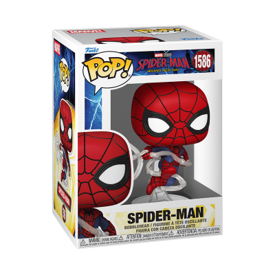 Figura Funko Pop! Spider-Man com cabeça oscilante dentro de embalagem branca e azul.