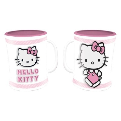 Dois copos brancos com personagens Hello Kitty e detalhes em rosa