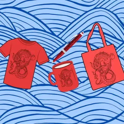 T-shirt, caneta, caneca e saco vermelho com ilustração de dragão preto