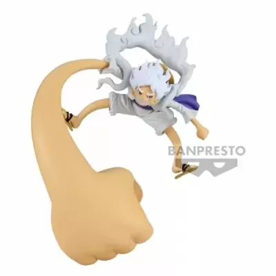 Figura colecionável Banpresto de personagem com cabelo branco e roupa cinzenta a saltar com mão gigante