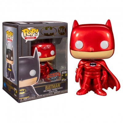 Figura Funko Pop! Batman número 144 vermelha metálica na embalagem com janela