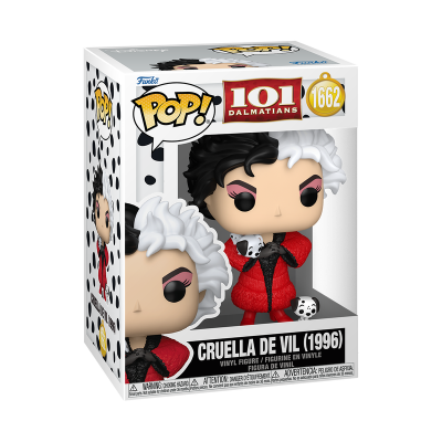 Figura Funko Pop! Cruella de Vil (1996) de 101 Dálmatas numa caixa de vinil