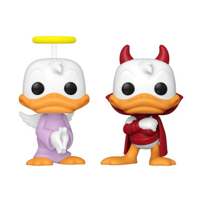Duas figuras Funko Pop de pato, uma com auréola e roupa roxa, outra com chifres e capa vermelha.