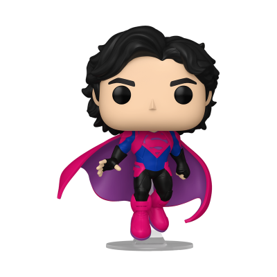 Figura Funko Pop de super-herói com capa rosa e roupa azul, rosa e preta