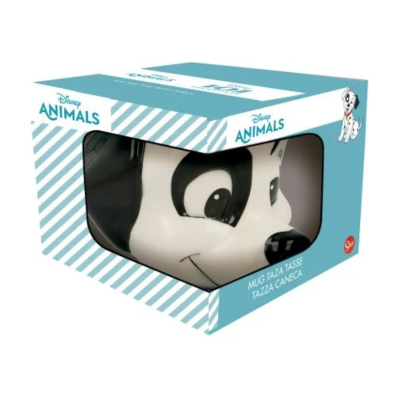 Caneca Disney Animals formato dálmata preto e branco na caixa azul com listras