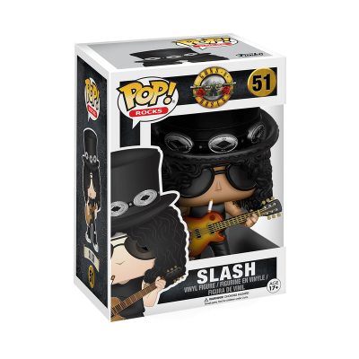 Boneco Funko Pop! Slash da Guns N' Roses com cartola, óculos e guitarra na caixa