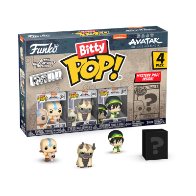 Funko Bitty Pop! Avatar: The Last Airbender com 4 figuras, incluindo Aang, Appa e Toph, embalagem azul e preto com uma figura misteriosa.