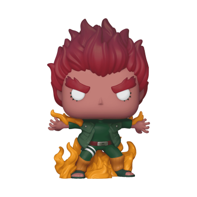 Figura Funko Pop com cabelo vermelho em chamas, roupa verde militar e chamas amarelas na base